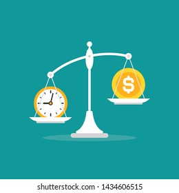 White mechanical scales with dollar coin and clock in pans.  Time and money balance. Justice, law scale. Vector illustration on blue background. 