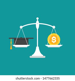 White mechanical scales with dollar coin and mortar board in pans.  Education value, study expenses balance. Justice, law scale. Vector illustration on blue background. 