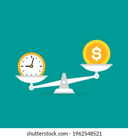 White mechanical scales with dollar coin and clock in pans.  Time and money balance. Justice, law scale. Vector illustration on blue background. 