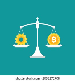White mechanical scales with dollar coin and gear in pans.  Technology or innovation value concept. Solution and expenses balance. Production scale. Vector illustration on blue background. 