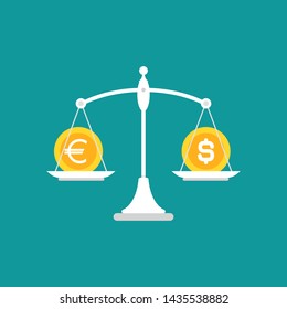 White mechanical scales with dollar and euro coin in pans.  Currency balance or exchange. Justice, law scale. Vector illustration on blue background. 