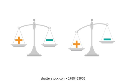 White mechanical scales with plus and minus in pans.  value, solution and rationality balance. pros and cons scale. Vector illustration on white background. 