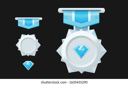 White medal for achievement screen with blue diamond.Vector interface GUI, mobile or web game.Level bonus reward cartoon symbol.