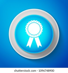 White Medal badge with ribbons icon isolated on blue background. Circle blue button with white line. Vector Illustration