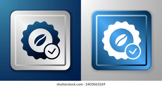 White Medal for coffee icon isolated on blue and grey background. Premium quality coffee badge. Silver and blue square button. Vector