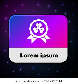 White Medal with four leaf clover icon isolated on black background. Happy Saint Patrick day. Rectangle color button. Vector Illustration