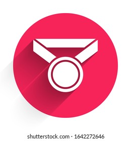 White Medal icon isolated with long shadow. Winner symbol. Red circle button. Vector Illustration