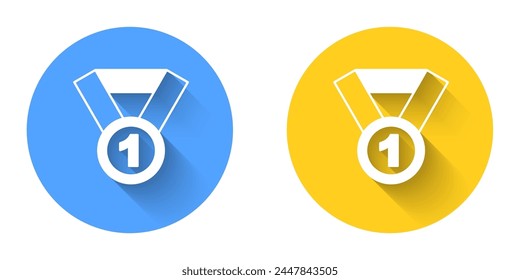 White Medal icon isolated with long shadow background. Winner symbol. Circle button. Vector