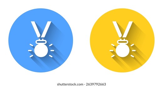 White Medal icon isolated with long shadow background. Winner symbol. Circle button. Vector