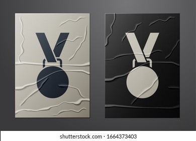 White Medal icon isolated on crumpled paper background. Winner symbol. Paper art style. Vector Illustration