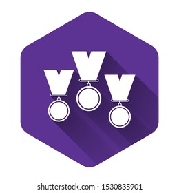 White Medal set icon isolated with long shadow. Winner simbol. Purple hexagon button. Vector Illustration