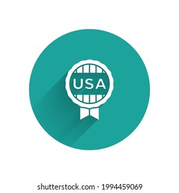White Medal with star icon isolated with long shadow. Winner achievement sign. Award medal. Green circle button. Vector