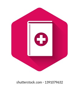 White Medical book icon isolated with long shadow. Pink hexagon button. Vector Illustration