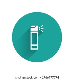 White Medical bottle with nozzle spray for the treatment of diseases of the nose and throat icon isolated with long shadow. Green circle button. Vector Illustration