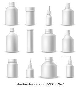 White medical bottles. 3d realistic blank plastic pharmaceutical packaging. Medical and cosmetic containers for spray and pills vector medication package mockup set