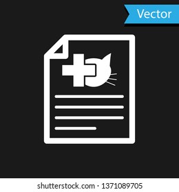 White Medical certificate for travel with dog or cat icon isolated on black background. Document for pet. Vector Illustration