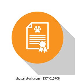 White Medical certificate for travel with dog or cat icon isolated on white background. Document for pet. Dog or cat paw print. Orange circle button. Vector Illustration