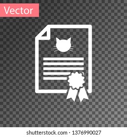 White Medical certificate for travel with dog or cat icon isolated on transparent background. Document for pet. Dog or cat paw print. Vector Illustration
