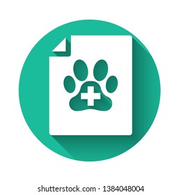 White Medical certificate for travel with dog or cat icon isolated with long shadow. Document for pet. Dog or cat paw print. Green circle button. Vector Illustration