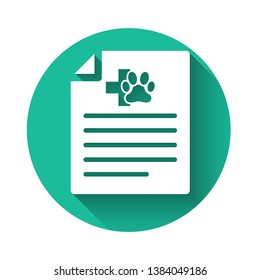 White Medical certificate for travel with dog or cat icon isolated with long shadow. Document for pet. Dog or cat paw print. Green circle button. Vector Illustration