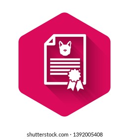 White Medical certificate for travel with dog or cat icon isolated with long shadow. Document for pet. Dog or cat paw print. Pink hexagon button. Vector Illustration
