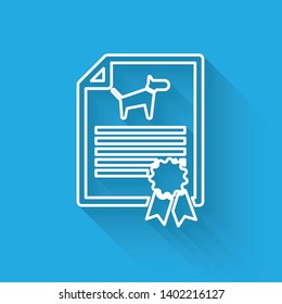 White Medical certificate for travel with dog or cat line icon isolated with long shadow. Document for pet. Dog or cat paw print. Vector Illustration