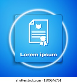 White Medical certificate for travel with dog or cat icon isolated on blue background. Document for pet. Dog or cat paw print. Blue square button. Vector Illustration