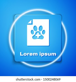 White Medical certificate for travel with dog or cat icon isolated on blue background. Document for pet. Dog or cat paw print. Blue square button. Vector Illustration