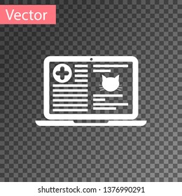 White Medical clinical record cat on laptop icon isolated on transparent background. Health insurance form. Prescription, medical check marks report. Vector Illustration