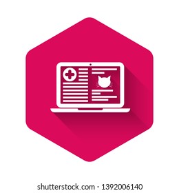 White Medical clinical record cat on laptop icon isolated with long shadow. Health insurance form. Prescription, medical check marks report. Pink hexagon button. Vector Illustration