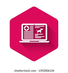 White Medical clinical record dog on laptop icon isolated with long shadow. Health insurance form. Prescription, medical check marks report. Pink hexagon button. Vector Illustration