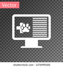 White Medical clinical record pet on monitor icon isolated on transparent background. Health insurance form. Prescription, medical check marks report. Vector Illustration