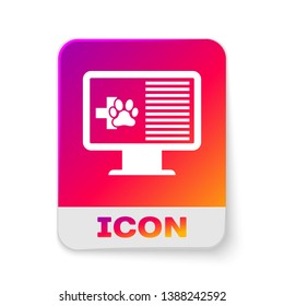 White Medical clinical record pet on monitor icon isolated on white background. Health insurance form. Prescription, medical check marks report. Rectangle color button. Vector Illustration