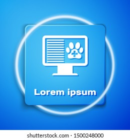 White Medical clinical record pet on monitor icon isolated on blue background. Health insurance form. Prescription, medical check marks report. Blue square button. Vector Illustration