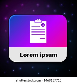 White Medical clipboard with clinical record icon isolated on black background. Health insurance form. Prescription, medical check marks report. Rectangle color button. Vector Illustration White Medical clipboard with clinical record icon isolated on black background. Health insurance form. Prescription, medical check marks report. Rectangle color button. Vector Illustration