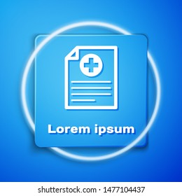 White Medical clipboard with clinical record icon isolated on blue background. Health insurance form. Prescription, medical check marks report. Blue square button. Vector Illustration