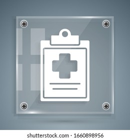 White Medical clipboard with clinical record icon isolated on grey background. Health insurance form. Prescription, medical check marks report. Square glass panels. Vector Illustration