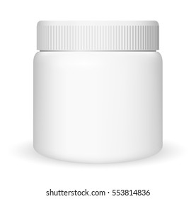 White medical container on white background, realistic vector illustration