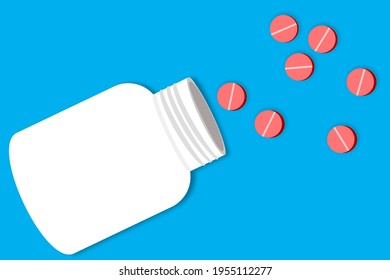 White medical drug bottle and red pills or tablets spilling out of it on blue background