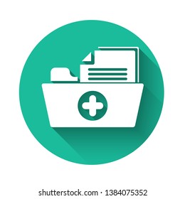 White Medical health record folder for healthcare icon isolated with long shadow. Patient file icon. Medical history symbol. Green circle button. Vector Illustration
