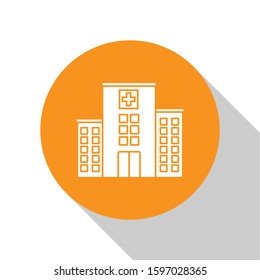 White Medical hospital building with cross icon isolated on white background. Medical center. Health care. Orange circle button. Vector Illustration