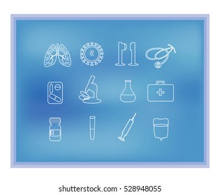 White medical linear icons on the blue background. Pulmanologii. Respiratory system. Lungs. Fluorography. Rentgen. Infographics. Vector illustration.