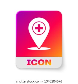 White Medical map pointer with cross hospital icon isolated on white background. Rectangle color button. Vector Illustration