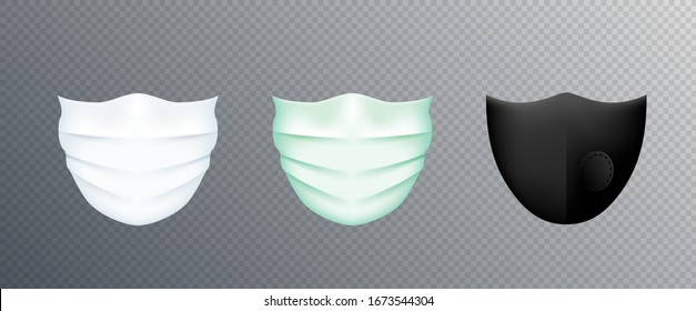 White medical mask isolated on transparent background. Doctor face surgical mask protection against pollution, virus, flu and coronavirus. Corona virus prevention. Vector overlay layer for design