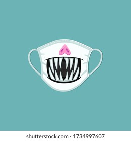 White medical mask with scary print of black mouth with big sharp teeth and pink nose - Halloween accessory style virus protection face mask design. Vector illustration