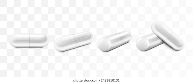 White Medical Pills or Capsules close up, isolated on transparent background. Capsules for Graphics, Mockup. Medical and Healthcare Concept. Vector 3d Realistic illustration