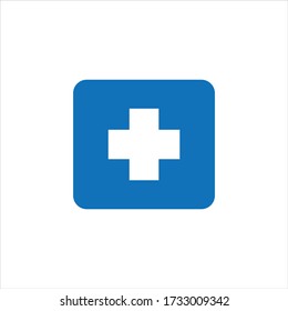 White medical plus sign in the centre of a blue square on a white background