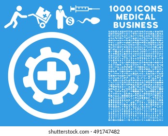 White Medical Settings vector rounded icon. Image style is a flat icon symbol inside a circle, blue background. Bonus set has 1000 health care business pictograms.