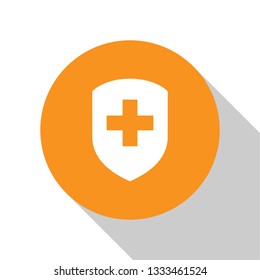 White Medical shield with cross icon isolated on white background. Health protection concept. Safety badge icon. Privacy banner. Security label. Orange circle button. Flat design. Vector Illustration