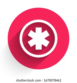 White Medical symbol of the Emergency - Star of Life icon isolated with long shadow. Red circle button. Vector Illustration
